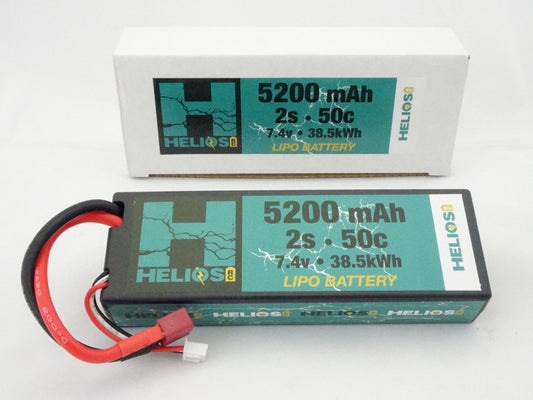 A Helios RC 2S 5200 mAh 50c Lipo battery with red and black wires, placed next to its packaging box.