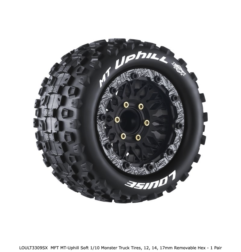 MFT MT-Uphill Soft 1/10 Monster Truck Tires, 12, 14, 17mm Removable Hex - 1 Pair