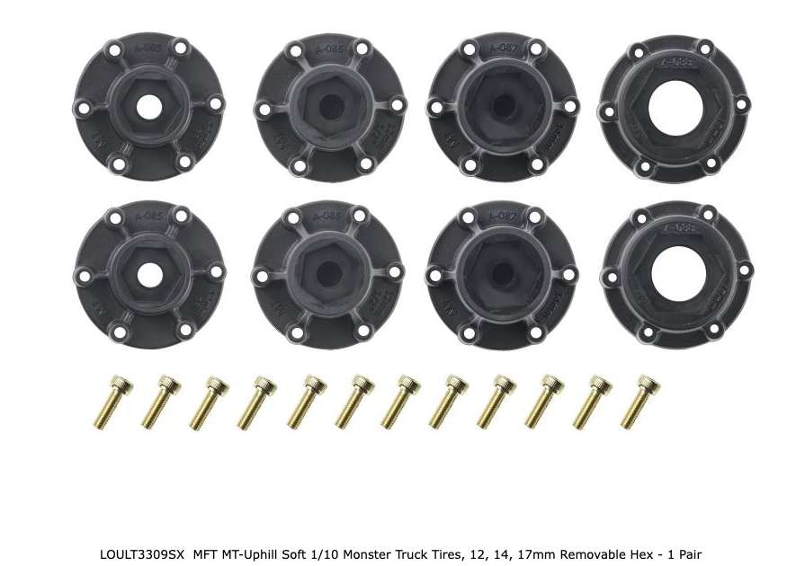 MFT MT-Uphill Soft 1/10 Monster Truck Tires, 12, 14, 17mm Removable Hex - 1 Pair