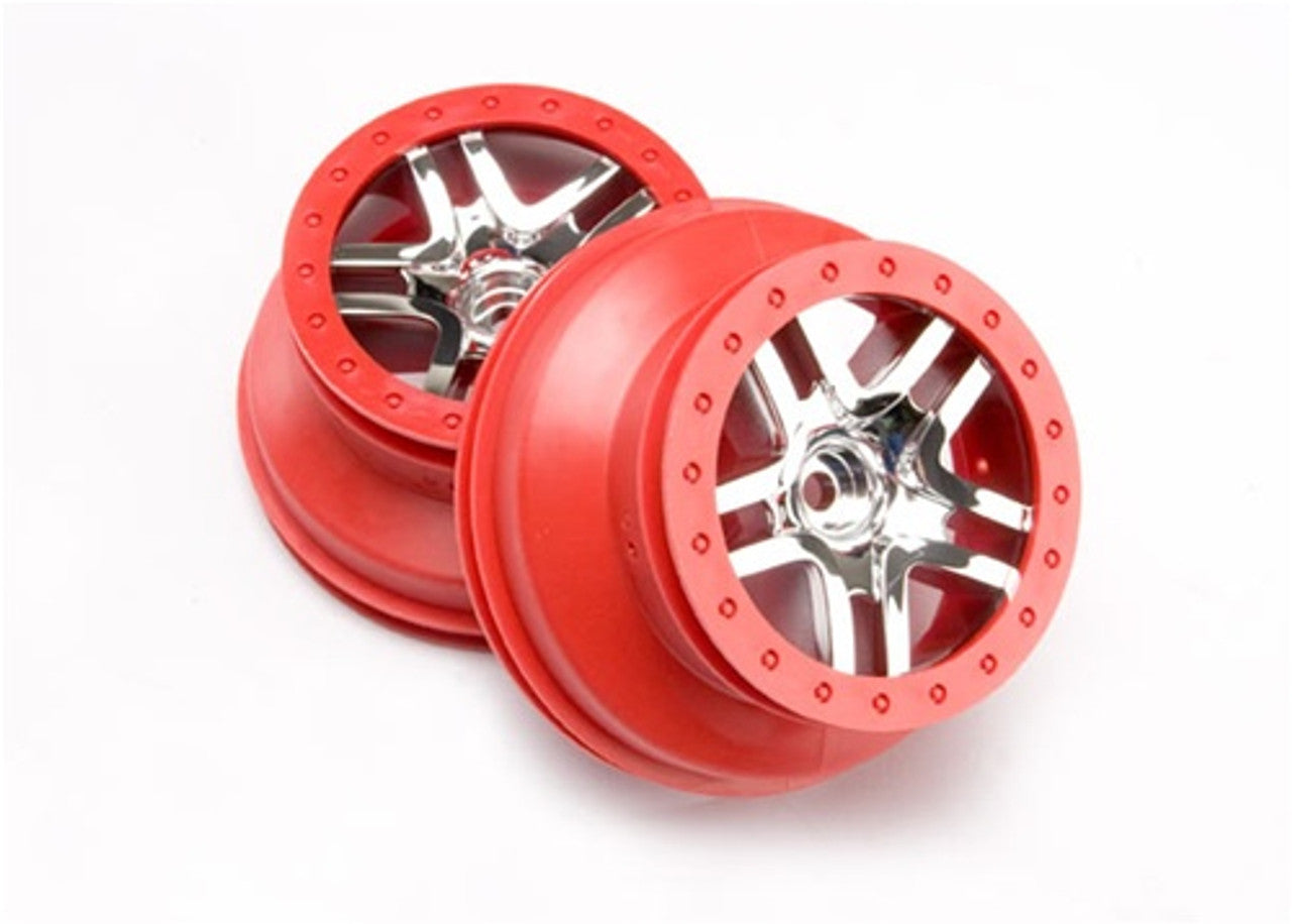 Traxxas SCT Split-Spoke Satin Chrome Red Beadlock Wheels, dual profile (2.2'' outer 3.0'' inner) (Slash 2WD front), 5876A