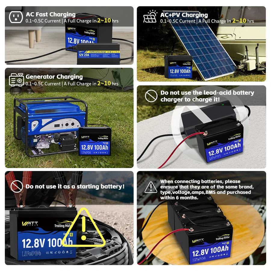 WattCycle 12V 100Ah Group 24 LiFePO4 Battery with Bluetooth for Trolling Motors