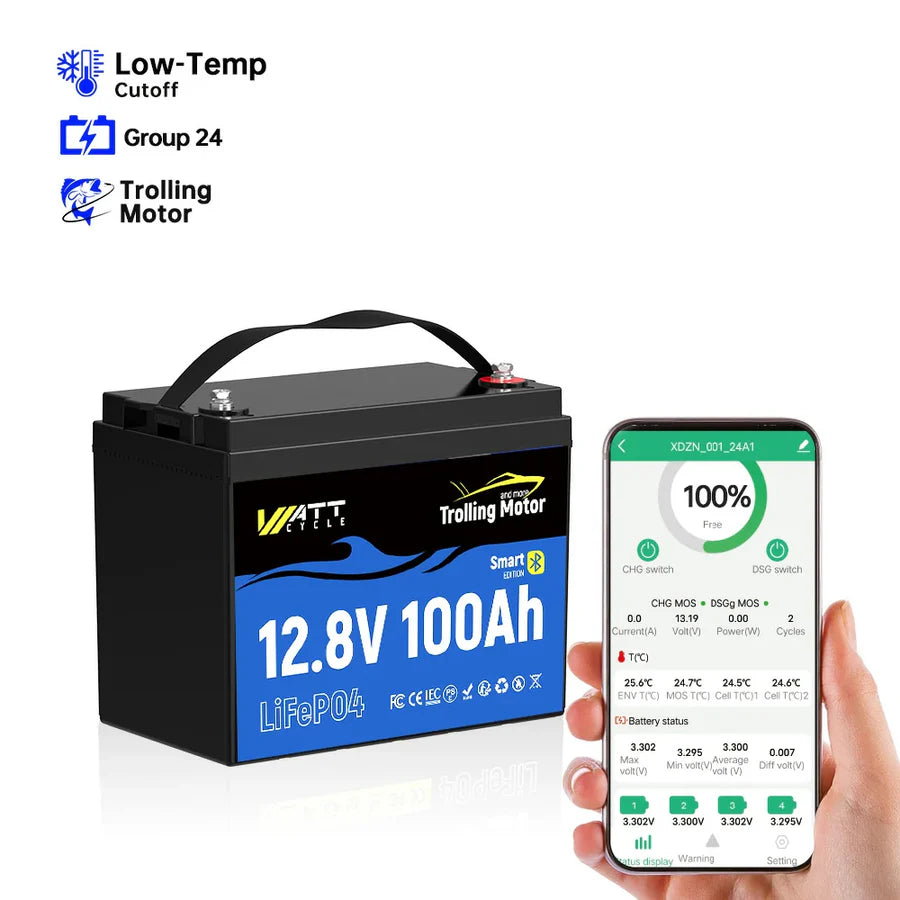 WattCycle 12V 100Ah Group 24 LiFePO4 Battery with Bluetooth for Trolling Motors