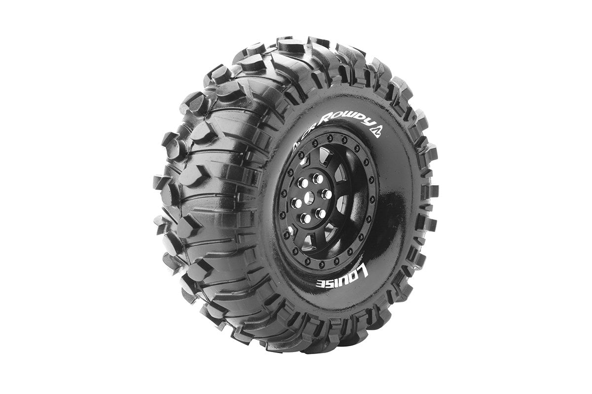CR-Rowdy 1/10 1.9" Crawler Tires, 12mm Hex, Super Soft, Mounted on Black Rim, Front/Rear (2)
