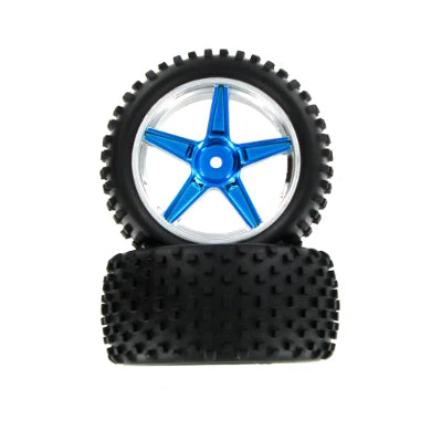 Pre-Mounted 1/10th Buggy Rear Tires and Wheels (Blue/Chrome)