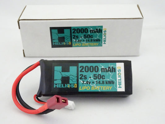 A black 2000 mAh 2S 50C Lipo battery with red and white connectors, alongside its packaging.