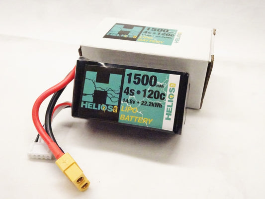 A Helios RC 4S 1500 mAh 120c Graphene FPV Racing Lipo battery with visible XT60 connector and branding on the side.
