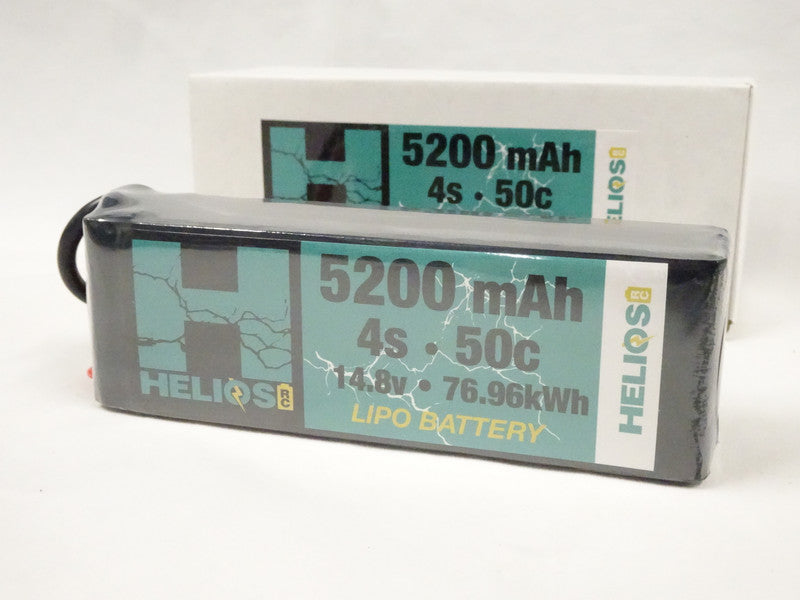 Two Helios 4S Lipo battery packs, one in a vertical position and the other in a horizontal position, displaying their capacity and voltage information.