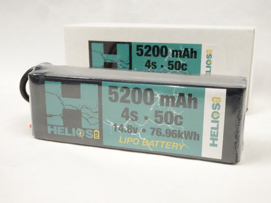 Two Helios 4S Lipo battery packs, one in a vertical position and the other in a horizontal position, displaying their capacity and voltage information.