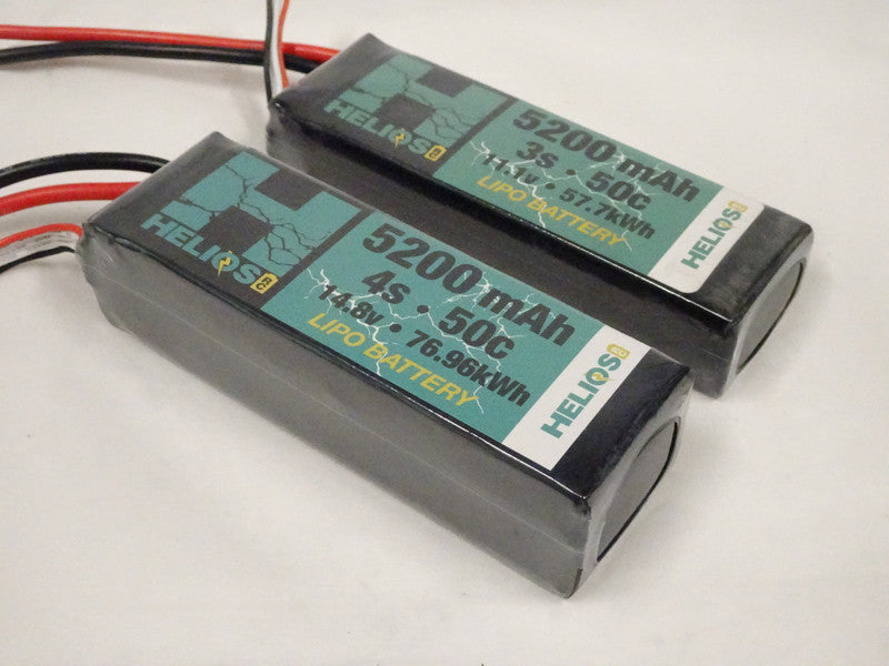 Two Helios 4S Lipo battery packs, one in a vertical position and the other in a horizontal position, displaying their capacity and voltage information.