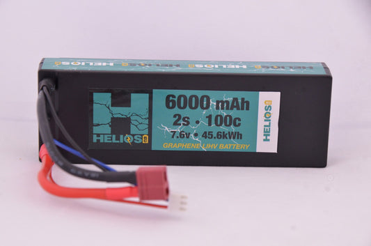 A black rectangular Helios RC lipo battery with red and white wires, labeled 6000mAh 2S 100C.