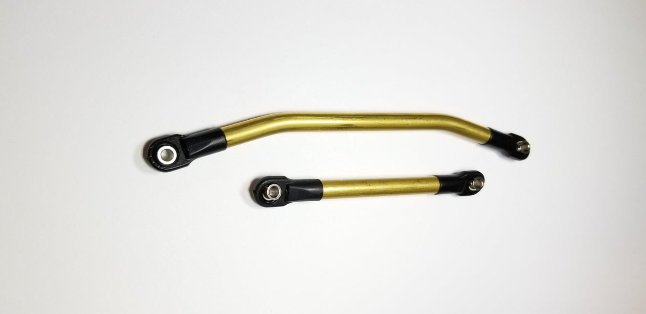 Upgrade your Redcat Gen8 steering with this brass high clearance link kit. Includes drag link & tie rod, adds front-end bias, and improves steering durability. Made in USA. -top view