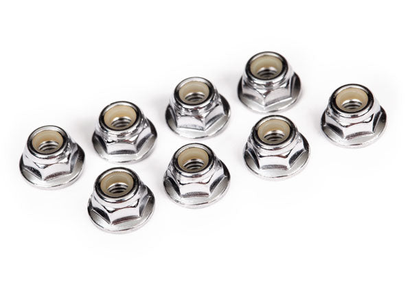 Nuts, 4mm flanged nylon locking (steel, serrated) (8)