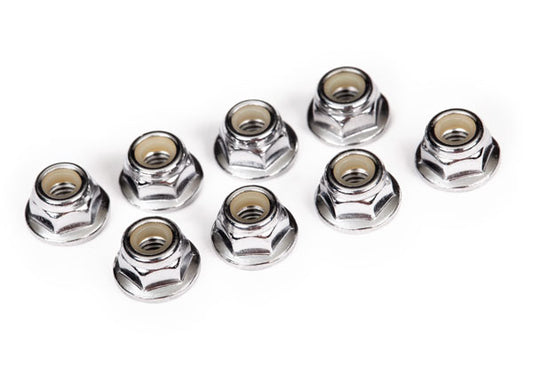 Nuts, 4mm flanged nylon locking (steel, serrated) (8)