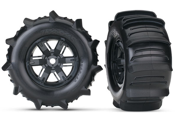 Tires & wheels, assembled, glued (X-Maxx® black wheels, paddle tires, foam inserts) (left & right) (2)