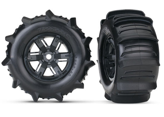 Tires & wheels, assembled, glued (X-Maxx® black wheels, paddle tires, foam inserts) (left & right) (2)