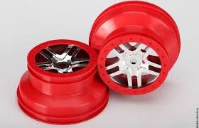Traxxas 5974A Wheels , SCT Split-Spoke , chrome , - Red beadlock style , dual profile (2.2' outer , 3.0' inner) (Front / Rear) (2) - TRA5974A