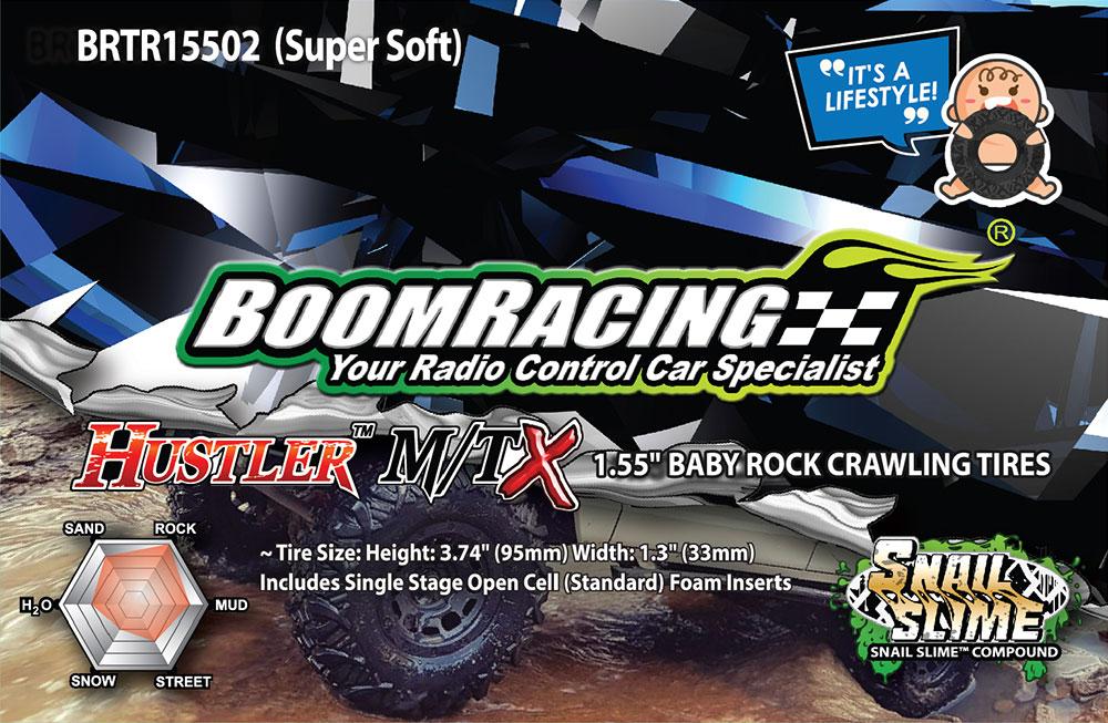 Boom Racing HUSTLER M/T Xtreme 1.55" BABY Rock Crawling Tires 3.74x1.3 SNAIL SLIME™ Compound W/ Open Cell Foams (Ultra Soft)